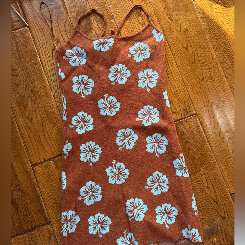 Brown and Blue Hibiscus Pacsun Knit Mini Dress